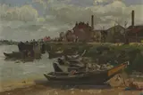 William P Phelps, Boats Moored along a Riverbank, oil on canvas on board