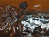 J. Llaine Colquhoun, Fisherman Throwing a Net, 1940, gouache on paper on masonite