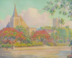St. Peter's Church and St. Andrew's Cathedral, Honolulu by Carl Brandien, 1937, oil on canvas board, sold Aug 2006