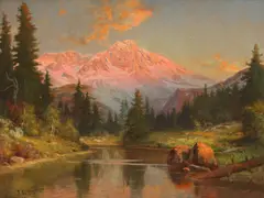 Robert Atkinson Fox, Alpine River Scene at Sunset, oil on canvas