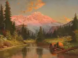 Robert Atkinson Fox, Alpine River Scene at Sunset, oil on canvas