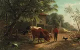 William Hahn, Farmer with Cattle, oil on canvas