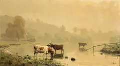Cattle Watering at a Stream by Thaddeus Welch, oil on canvas, sold Aug 2006