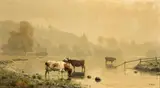 Thaddeus Welch, Cattle Watering at a Stream, oil on canvas