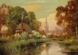 George Thompson-Pritchard, Country Cottage with Towering Cathedral in the Distance