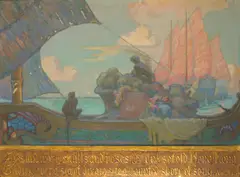 Frances M. Geddes, 'Apes and ivory, skulls and roses, in junks of old Hong-Kong Gliding over a sea of dreams to a haunted shore of song', oil on canvas