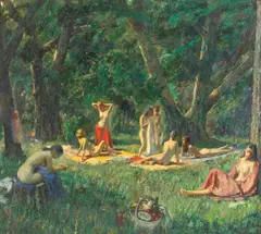 Géza Kende, Nudes in a Forest Clearing, 1949, oil on canvas
