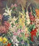 Julius Moessel, A Garden with Multi-colored Gladioli, 1943, oil on canvas