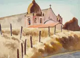 Stanley Wood, Mission San Carlos Borromeo De Carmelo, 1928; A View of a Hotel, watercolor and pencil on paper
