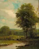 William Hart, A Meadow with Cattle Watering, oil on canvas