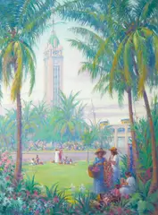 Aloha Tower by Carl Brandien, 1938, oil on board, sold Apr 2006