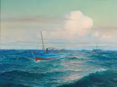 Lionel Walden, Fishing Boats in Open Water, oil on canvas