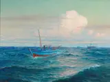 Lionel Walden, Fishing Boats in Open Water, oil on canvas