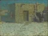 W. Herbert Dunton, Pack Mule at a Pueblo, oil on canvas on panel