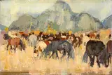 Leon Gaspard, A Sketch of Ponies in Taos Pueblo