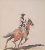 Cowboy on Horse Looking Back; Rider on Horseback (double-sided) by Edward Borein, watercolor on paper (front), pen and ink on paper on the reverse, sold Apr 2006