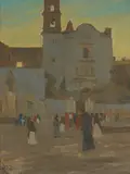 Early Mass at San Juan de Dios, Guadelajara by Maynard Dixon, 1905, oil on canvas on panel, sold Apr 2006