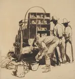 Chuck Wagon by Edward Borein, 1914, pen and ink wash on paper, sold Apr 2006