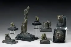 Edwin Willard Deming, A Figure Playing a Flute with a Puma at his Side; The Head of an Indian; The Head of a Puma; A Child and a Bear; A Bear Looking into a Tree Stump; Two Bears Wrestling; Two Bears Hugging; A Seated Bear with a Fish (a group of eight)