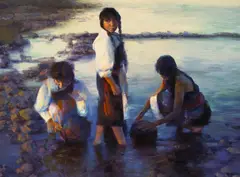 Tom Darro, Three Indian Girls Washing at a River, oil on canvas