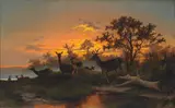 S.J. Remington, Deer at Sunset, Believed to be the Sacramento Valley, oil on canvas