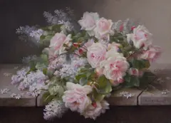 Raoul de Longpre, Roses and Lilacs on a Ledge, gouache and watercolor on toned paper
