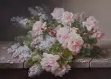 Raoul de Longpre, Roses and Lilacs on a Ledge, gouache and watercolor on toned paper