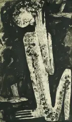 Milena Lah, Female Figure with Two Birds, 1963., ink wash on paper