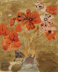 Andy Warhol, Ohne Titel (Floral Still Life), Um 1956, Tusche, Aquarell, Blattgold und Silberpapier auf Papier