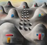Andreas Schulze, Ohne Titel (Hügelbild), 1986, Acryl auf Nessel