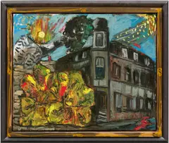 Markus Lüpertz, Ohne Titel (Haus mit Blumen), Öl auf Leinwand