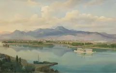 Jakob Scheiner, Blick über den Rhein auf das Siebengebirge, Aquarell auf Papier