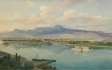 Jakob Scheiner, Blick über den Rhein auf das Siebengebirge, Aquarell auf Papier