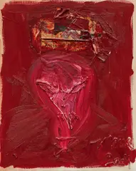 Jonathan Meese, "Ich, der rote Gurkenlutscher (Dr. Rotzebeetea)", 2004, Öl und Collage auf Leinwand