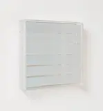 Adolf Luther, Ohne Titel, 1983, 6 semitransparente konkave Spiegelstreifen vor Spiegel. In Plexiglaskasten