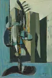 Neo Rauch, Der Kakteenständer, 1988, Öl auf Hartfaser