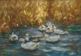 Alexander Koester, Enten im leuchtenden Herbstschilf, Pastell auf Papier