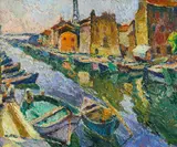 Mela Muter, Rhôneufer mit Booten, 1936, Öl auf Holz