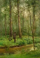 César de Cock, Angler mit Hund am Waldbach, Technik: Öl auf Leinwand