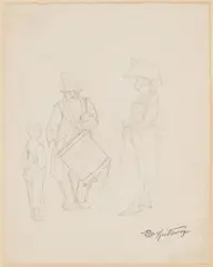 Carl Spitzweg, Figurenstudie mit Trommler, Kind und Soldat, Technik: Bleistiftzeichnung auf Papier