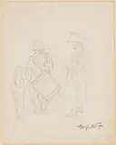Carl Spitzweg, Figurenstudie mit Trommler, Kind und Soldat, Technik: Bleistiftzeichnung auf Papier