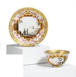 Meissen, Koppchen mit Unterschale mit Camaieumalerei in Schwarzlot und Purpur, Um 1725/1730, Porzellan, Schwarzlotmalerei und Camaieumalerei in Purpur