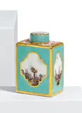 Meissen, Türkisfond Teedose mit Kauffahrteiszenen, Um 1730/1735, Porzellan, türkisfarbener Fond, polychrom und gold staffiert