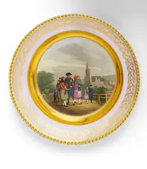 Kpm, Bildteller mit Altenburger Volkstrachten, Um 1832-1837, Porzellan, teilweise roséfarbener Fond, polychrom und gold staffiert