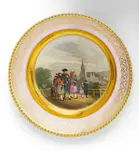Kpm, Bildteller mit Altenburger Volkstrachten, Um 1832-1837, Porzellan, teilweise roséfarbener Fond, polychrom und gold staffiert