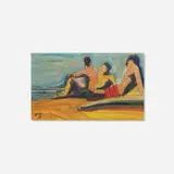 Theophilus Brown, Untitled (Men with Surfboard), 1965, oil and ink on panel