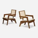 Rare lounge chairs from Chandigarh, pair by Pierre Jeanneret, c. 1960, teak, caning, linen, sold Oct 2021