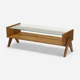 Coffee table from Chandigarh by Pierre Jeanneret, c. 1960, teak, glass, sold Oct 2021
