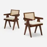 Office armchairs from Punjab University, Chandigarh, pair by Pierre Jeanneret, c. 1955-56, teak, caning, linen, sold Oct 2021