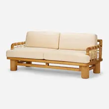 Karl Springer, Dowelwood Sofa, c. 1965, natural ash, rawhide leather cord, upholstery